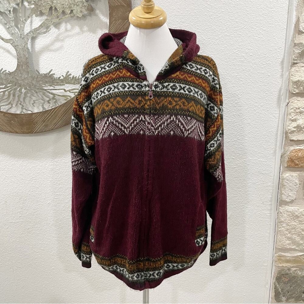 Yari Artesanias Alpaca Wool Fair Isle Hooded Zip Up Sweater Jacket Maroon Large